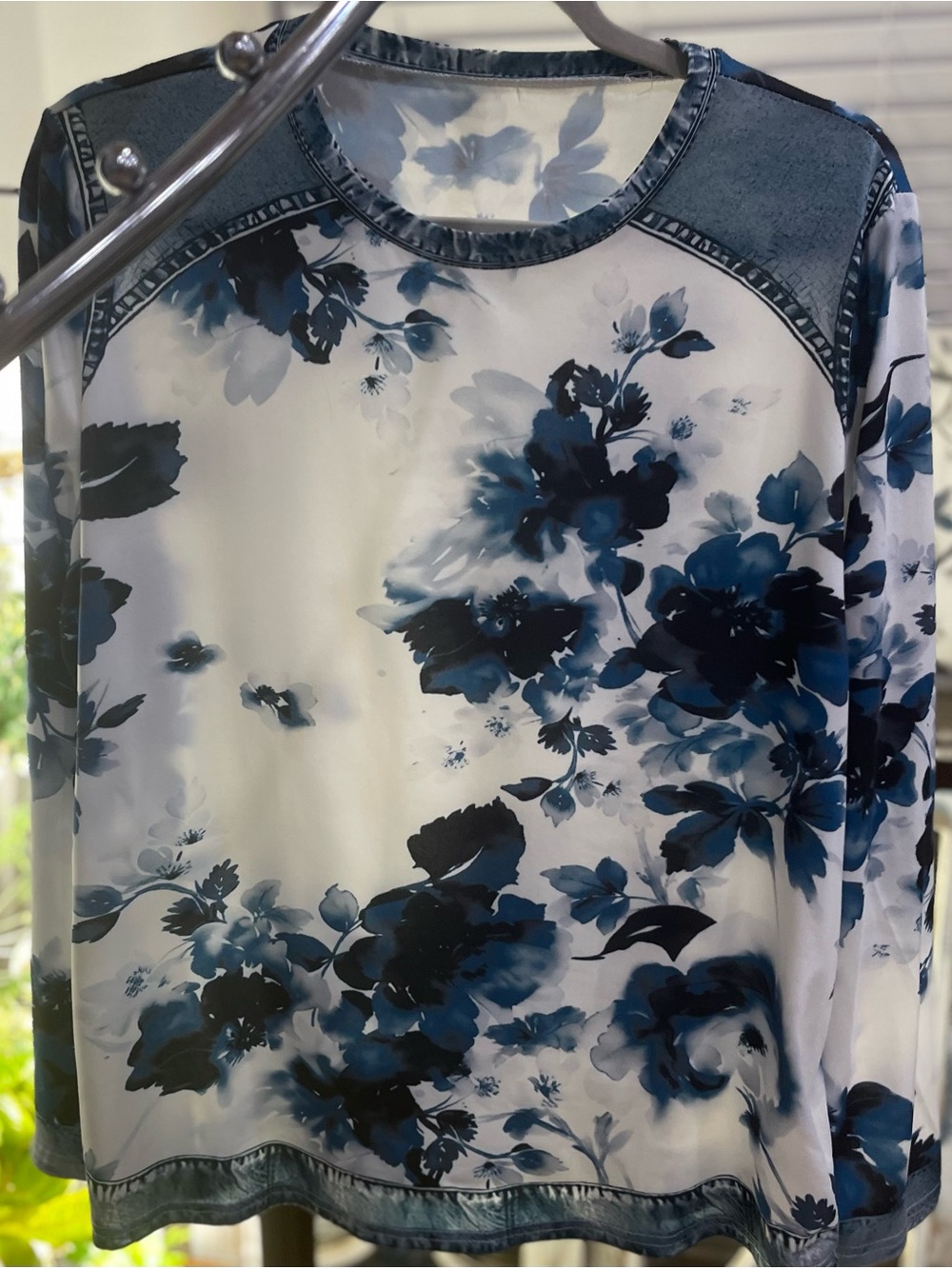 Blue Floral Long-Sleeve Tee with Denim Trim